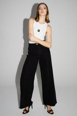 Stylish Black Textured Denim Palazzo Wide-Leg Jeans with Fringed Hem Dots