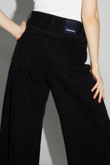 Stylish Black Textured Denim Palazzo Wide-Leg Jeans with Fringed Hem Dots