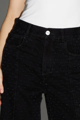 Stylish Black Textured Denim Palazzo Wide-Leg Jeans with Fringed Hem Dots