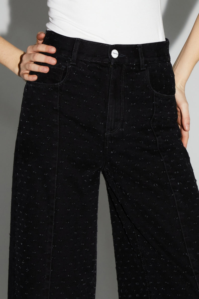 Stylish Black Textured Denim Palazzo Wide-Leg Jeans with Fringed Hem Dots