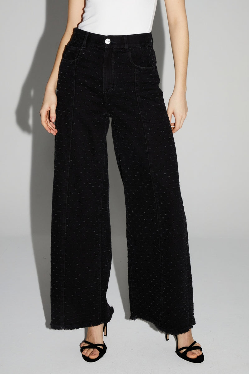 Stylish Black Textured Denim Palazzo Wide-Leg Jeans with Fringed Hem Dots
