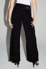 Stylish Black Textured Denim Palazzo Wide-Leg Jeans with Fringed Hem Dots