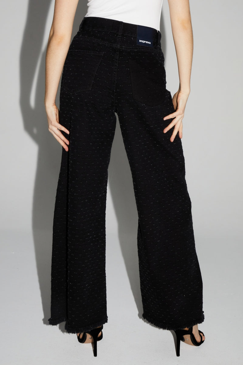 Stylish Black Textured Denim Palazzo Wide-Leg Jeans with Fringed Hem Dots