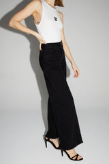 Stylish Black Textured Denim Palazzo Wide-Leg Jeans with Fringed Hem Dots