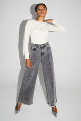 Imprevu Swiggy Grey Wide-Leg Palazzo Denim Jeans: High-Waist, Fringed Hem