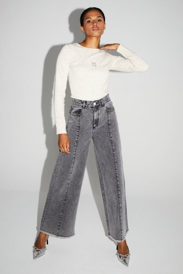 Imprevu Swiggy Grey Wide-Leg Palazzo Denim Jeans: High-Waist, Fringed Hem