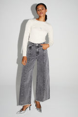 Imprevu Swiggy Grey Wide-Leg Palazzo Denim Jeans: High-Waist, Fringed Hem