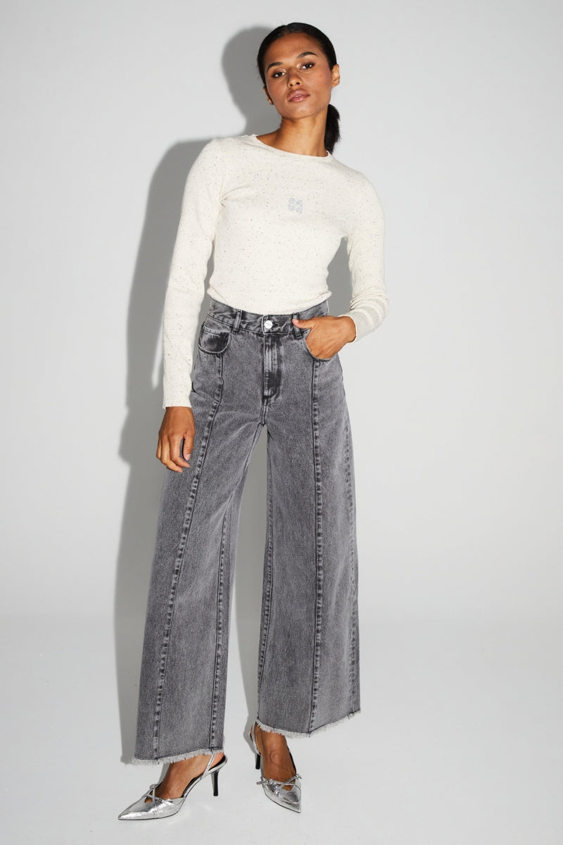 Imprevu Swiggy Grey Wide-Leg Palazzo Denim Jeans: High-Waist, Fringed Hem