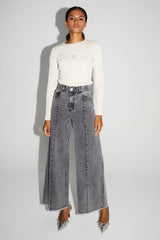Imprevu Swiggy Grey Wide-Leg Palazzo Denim Jeans: High-Waist, Fringed Hem