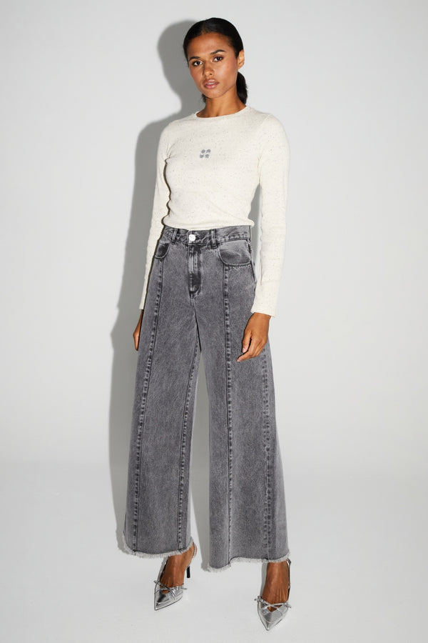 Imprevu Swiggy Grey Wide-Leg Palazzo Denim Jeans: High-Waist, Fringed Hem