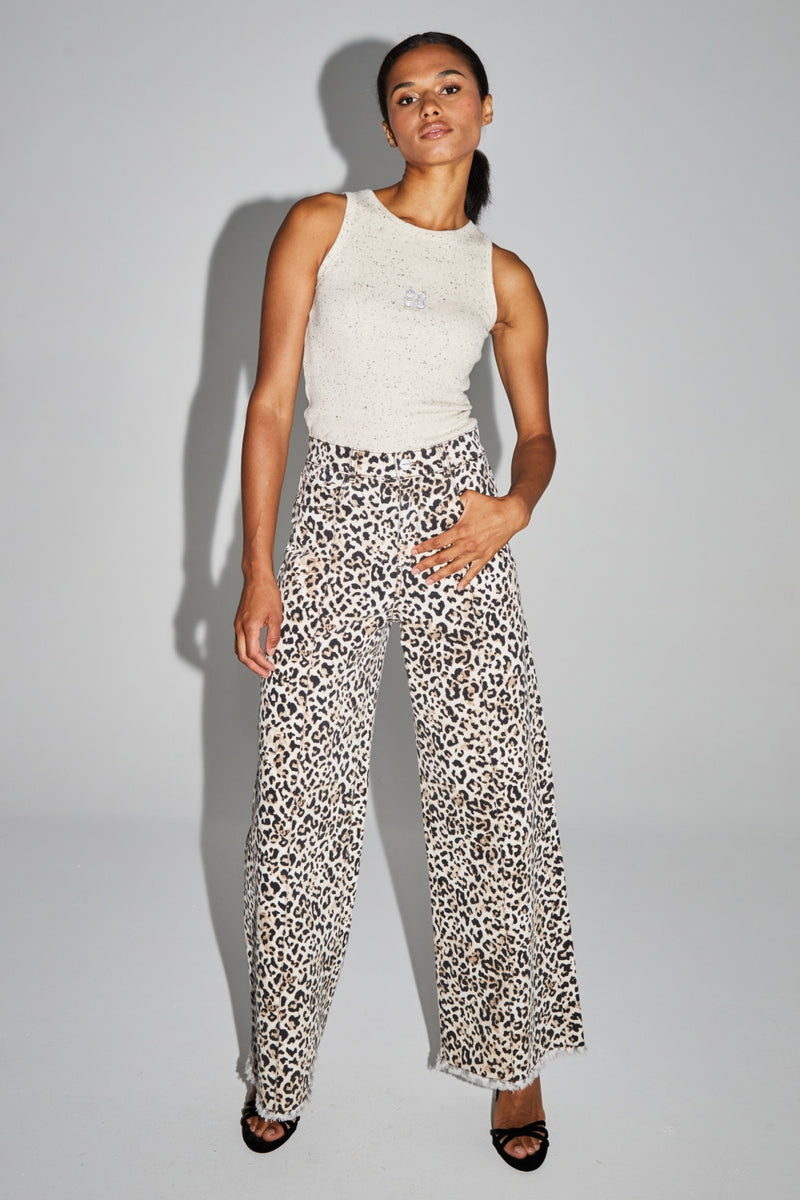 Stylish Leopard Print Wide-Leg Palazzo Denim Pants - High Waist, Fringed Hem