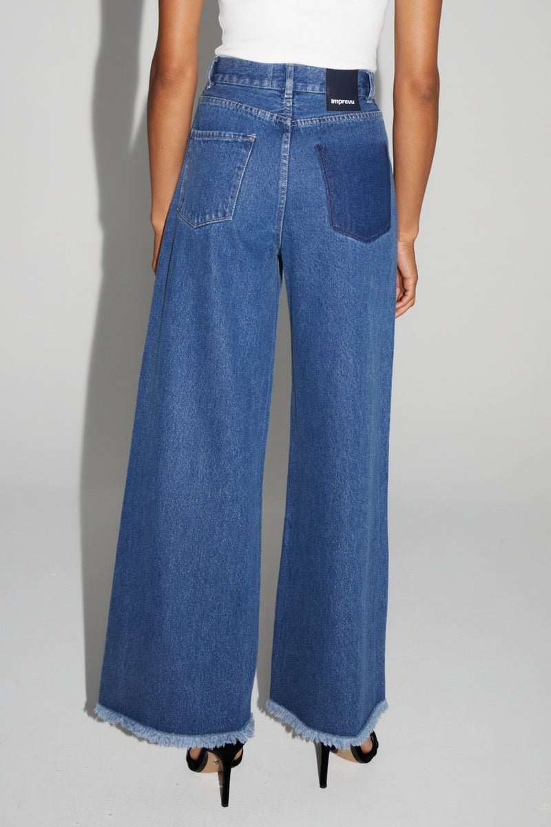 Stylish Imprevu Women's Swiggy High-Waist Wide-Leg Medium Blue Denim Palazzo Trousers