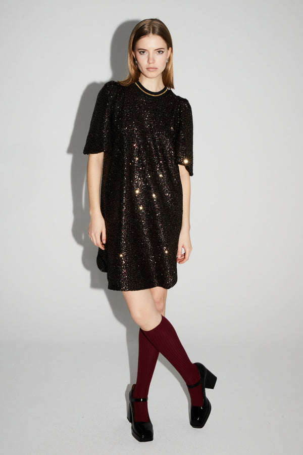 Alix Bordeaux Gold Sequin Mini Dress: Italian Made, Loose Fit, Glamorous Style