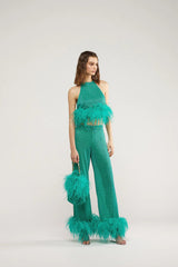 LUMIERE PLUMAGE LONG PANTS AQUAMARINE & CITRON | سراويل نسائية - Maison Clad