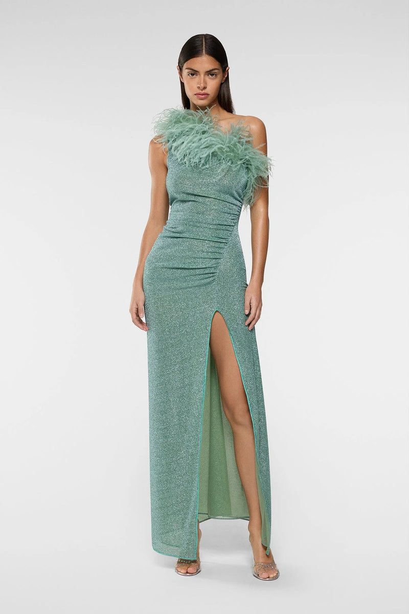 LUMIERE PLUMAGE ONE SHOULDER DRESS AQUA | قميص علوي نسائي by Oseree |  Feminine Ready to Wear and Resort Wear
