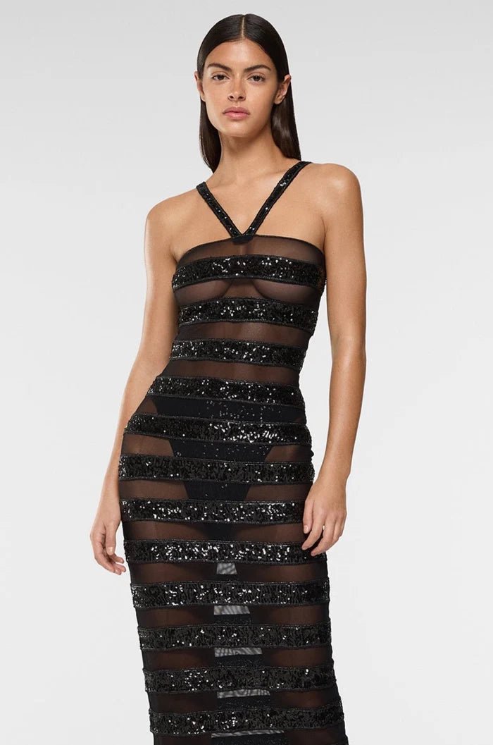 LUMIERE STRIPES GLITTER BLACK DRESS | لباس المرأة (Copy) - Maison Clad