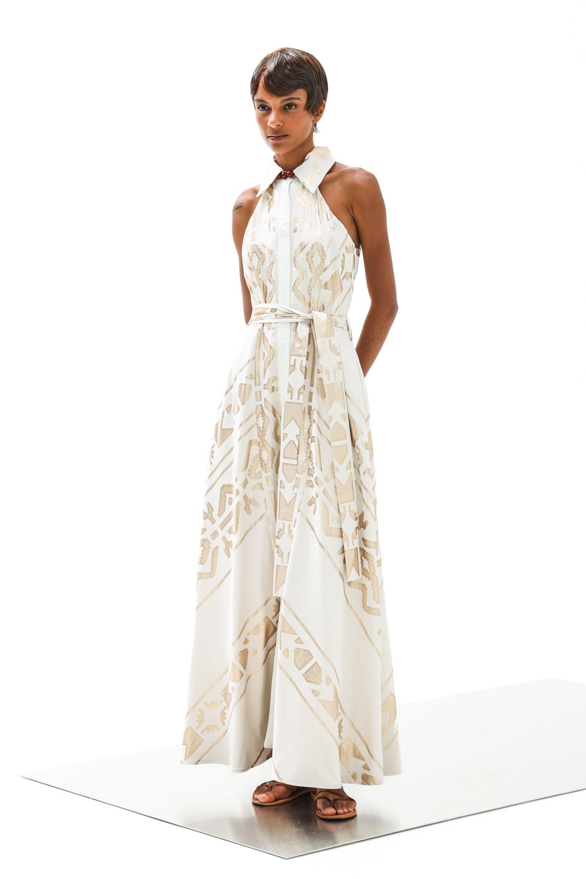 Maxi Althea Dress Golden Pattern W/Belt |   by Lace | Feminine  Ready to Wear | Maison Clad UAE