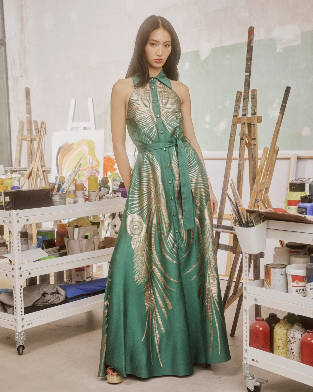 Maxi Dress Eriphyle Callisto Gold Emerald/ فستان نسائي - Maison Clad