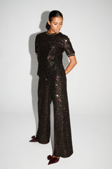 Luxurious Italian-Made Bordeaux Gold Sequin Wide-Leg Trousers for Elegant Evenings