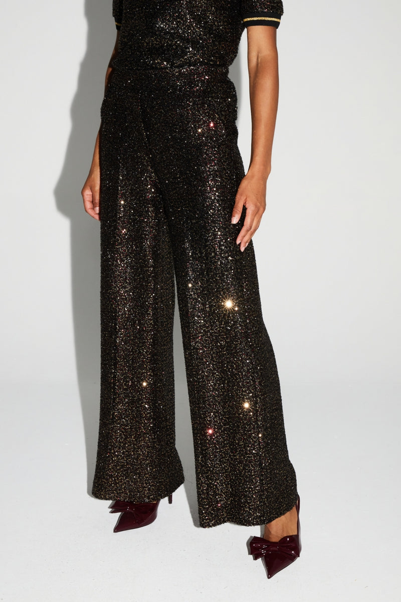 Luxurious Italian-Made Bordeaux Gold Sequin Wide-Leg Trousers for Elegant Evenings