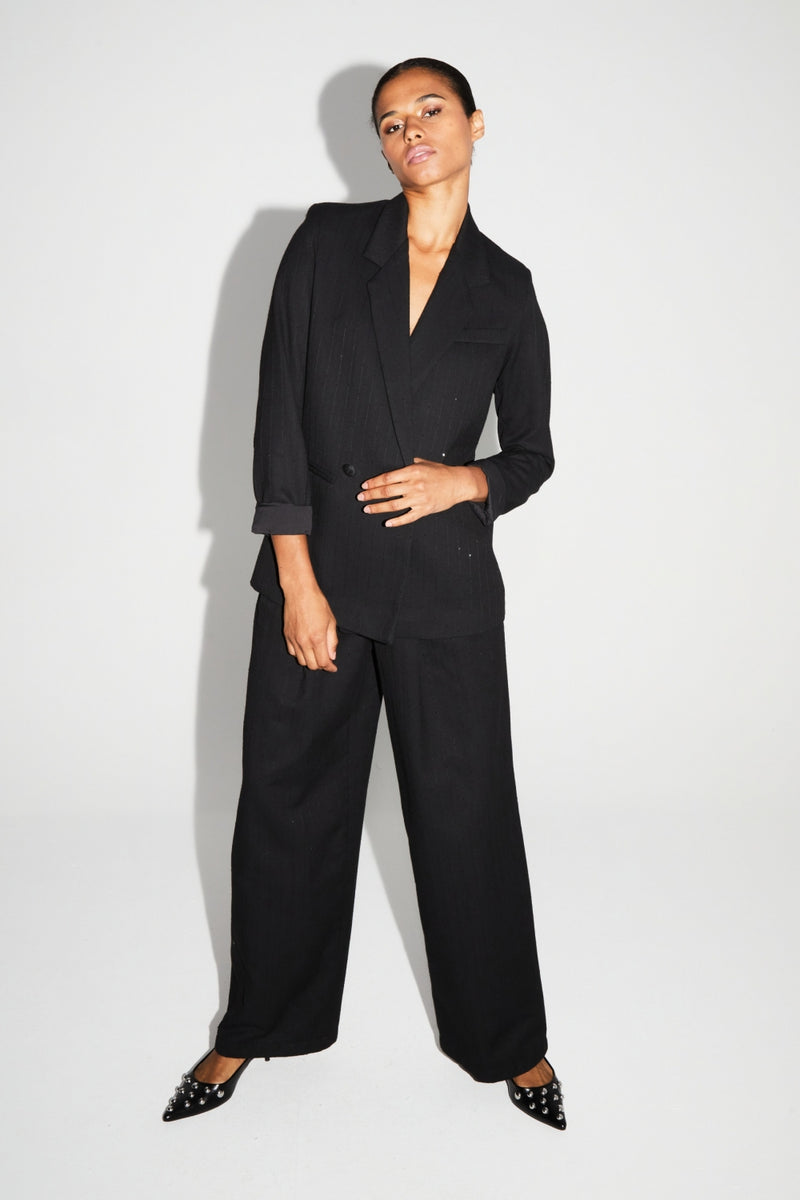 Astrid Black Sequin High-Waisted Wide-Leg Italian Knit Trousers for Women