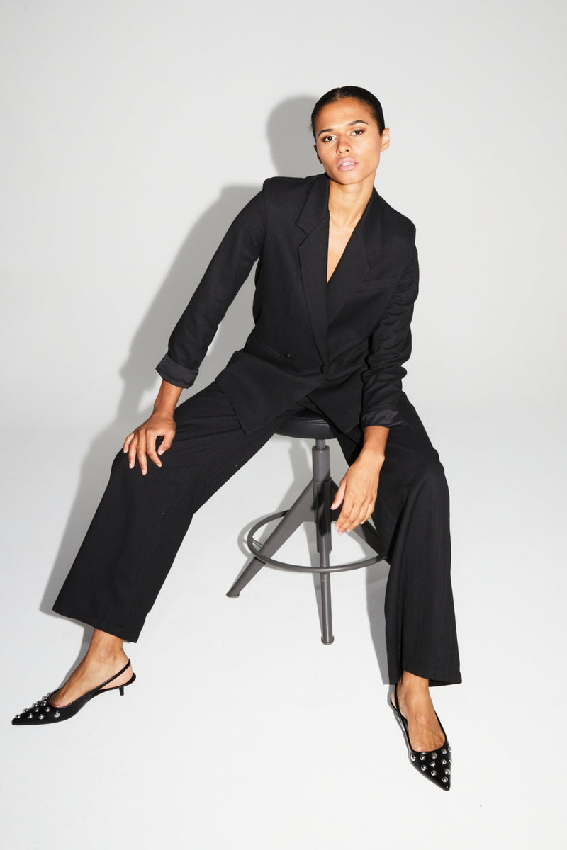 Astrid Black Sequin High-Waisted Wide-Leg Italian Knit Trousers for Women