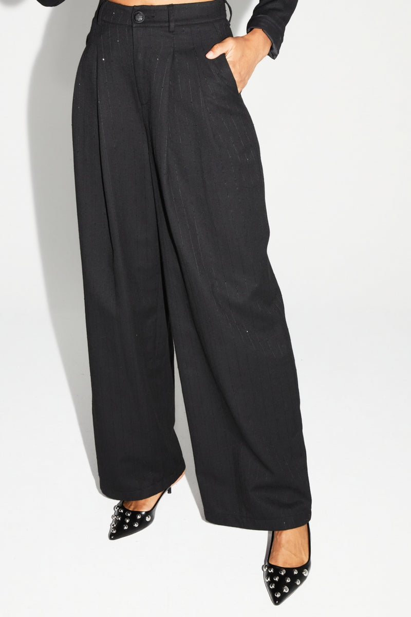 Astrid Black Sequin High-Waisted Wide-Leg Italian Knit Trousers for Women