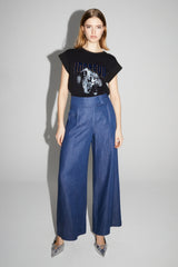 Imprevu Ada Blue Lyocell Fluid Wide-Leg Trousers: Italian Crafted Comfort