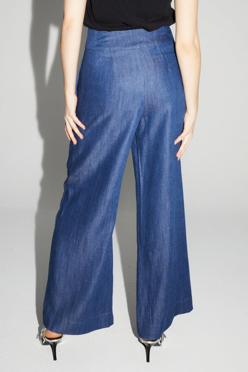 Imprevu Ada Blue Lyocell Fluid Wide-Leg Trousers: Italian Crafted Comfort