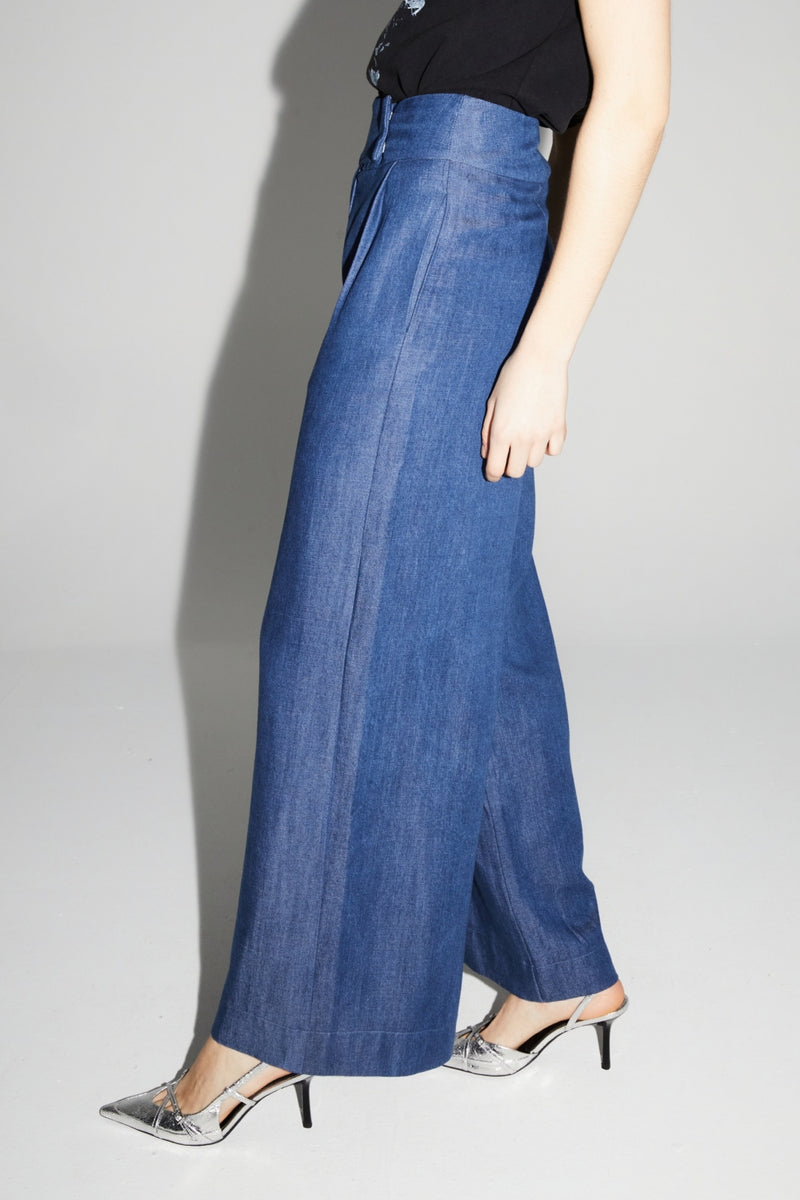 Imprevu Ada Blue Lyocell Fluid Wide-Leg Trousers: Italian Crafted Comfort
