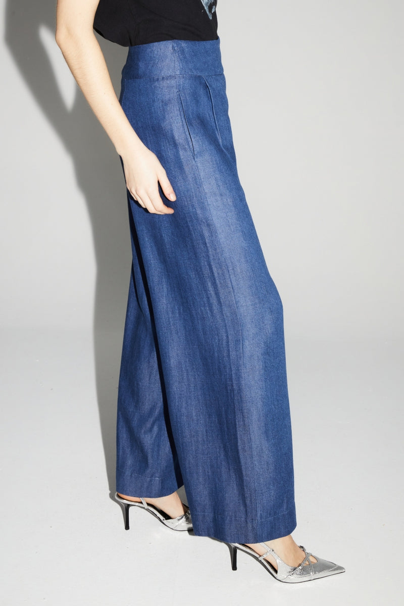 Imprevu Ada Blue Lyocell Fluid Wide-Leg Trousers: Italian Crafted Comfort