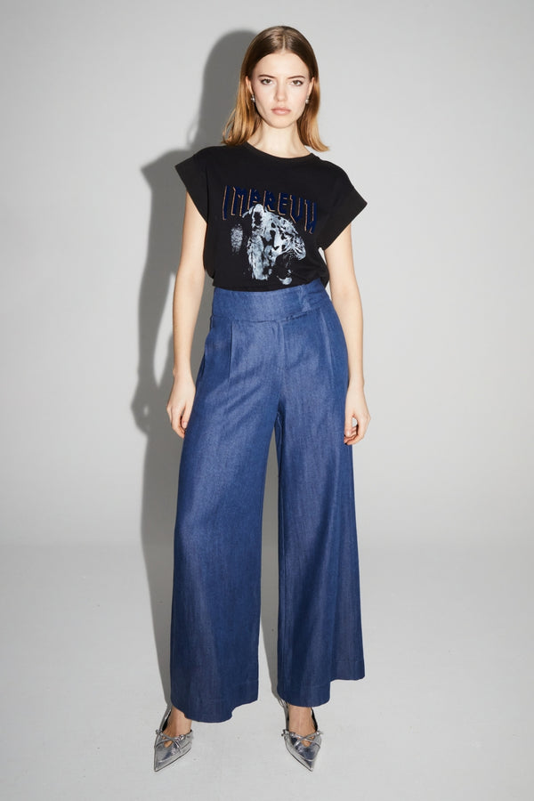 Imprevu Ada Blue Lyocell Fluid Wide-Leg Trousers: Italian Crafted Comfort