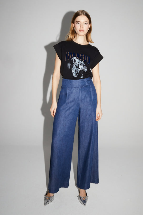 Imprevu Ada Blue Lyocell Fluid Wide-Leg Trousers: Italian Crafted Comfort