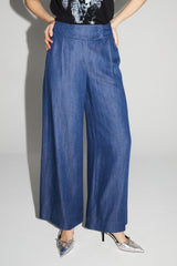Imprevu Ada Blue Lyocell Fluid Wide-Leg Trousers: Italian Crafted Comfort