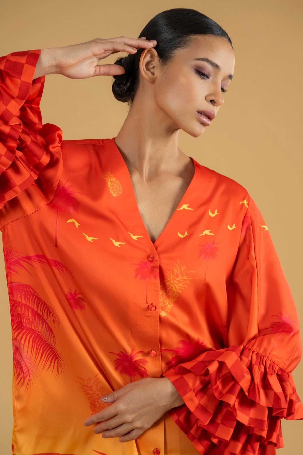 Shirt Castagnette 3 Ruffles Palm| بلوزة نسائية Castagnette 3 Ruffles Palm - Maison Clad