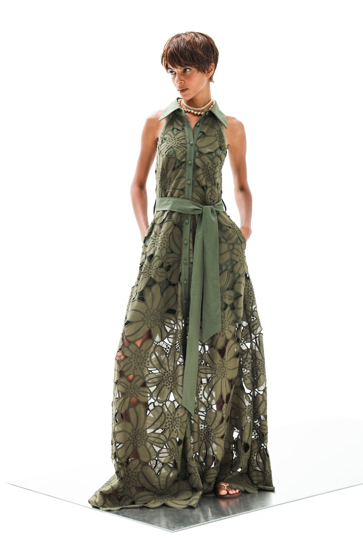 Shirt Dress Iris Petunia Long Lace Althea Pesto| فستان نسائي - Maison Clad