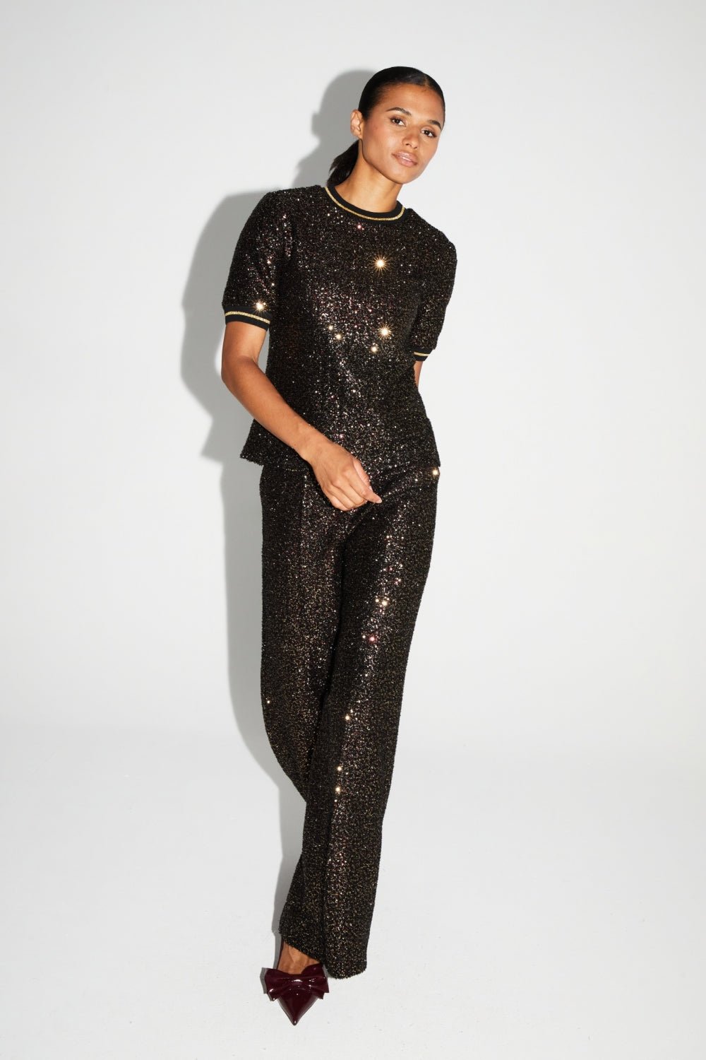 Trouser Charlie Sequins Gold and Burgundy|سروال Charlie Sequins - Maison Clad