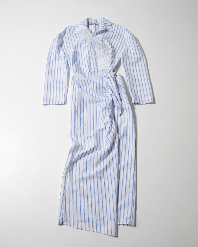 Long Shirt Dress With Feathers Blue and White - Long Blue and white فستان