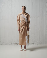 Long Shirt Dress With Feathers Camel and White - Long Camel and white فستان