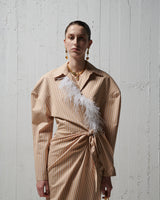 Long Shirt Dress With Feathers Camel and White - Long Camel and white فستان