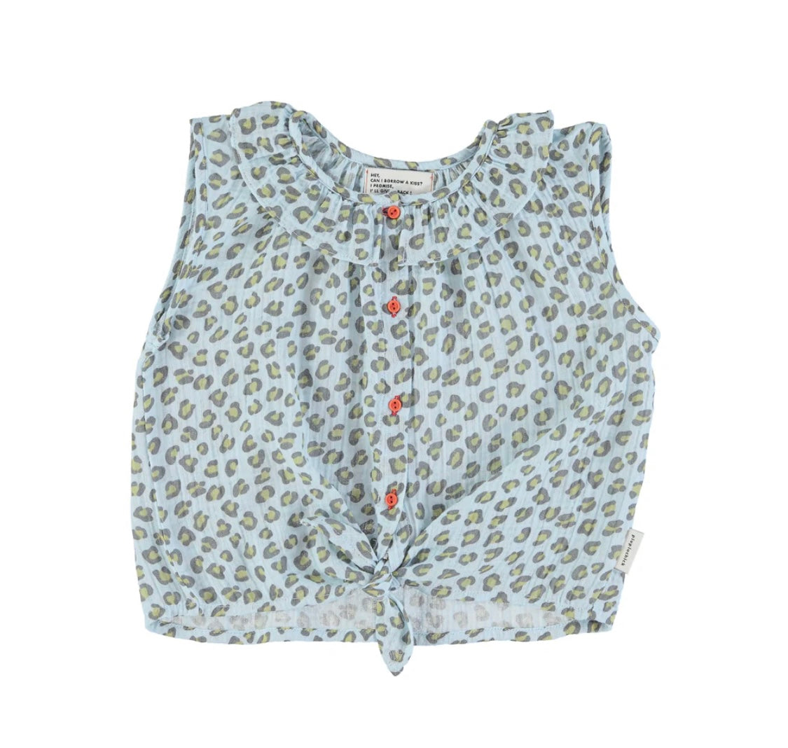 Sleeveless Blouse Light Blue W/ Animal Print | قميص