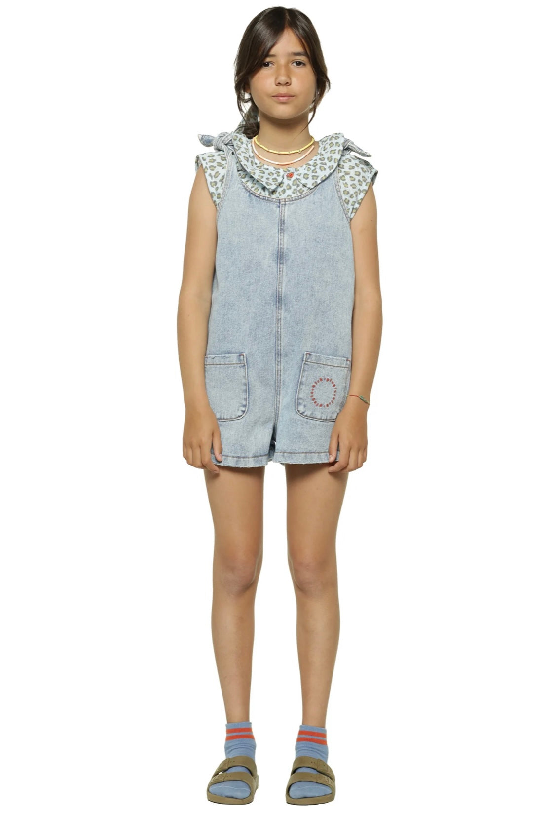 Girls Jumpsuit W/ Straps Washed Blue Denim | جمبسوت