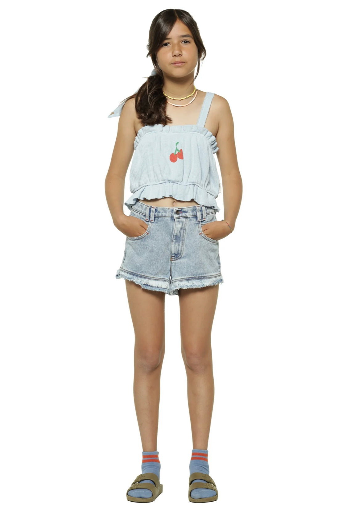 Girls Shorts W/ Fringes Washed Blue Denim | سروال قصير