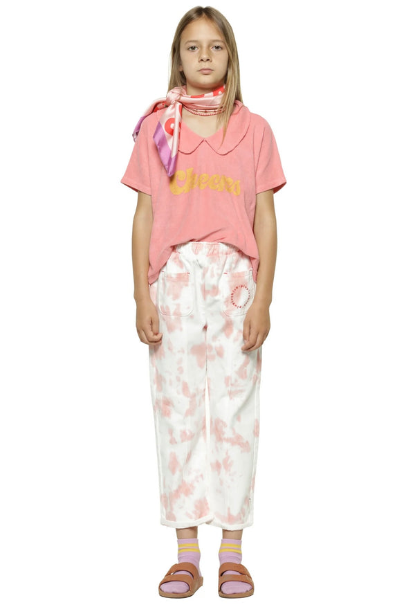 Girls T-Shirt W/ Collar | Pink W/Yellow Cheer Print | بلوزة