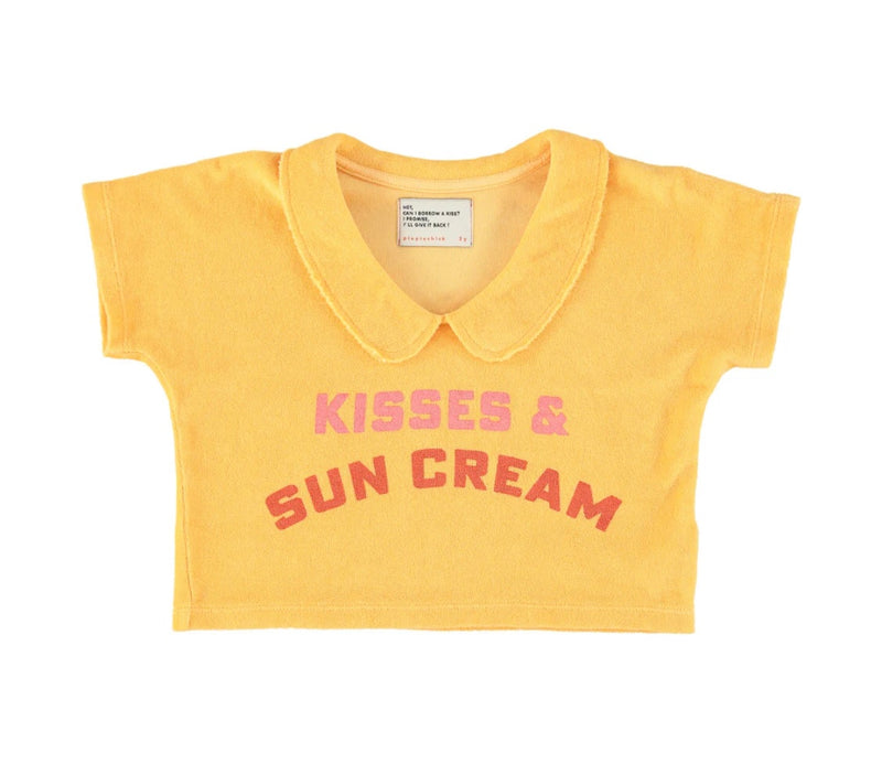 Girls T-Shirt W/ Collar | Yellow W/ Lips Print | بلوزة