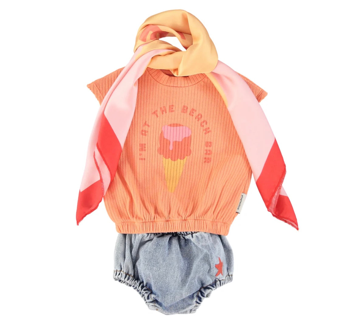Girls Sleeveless Top Coral W/ IceCream Print | بلوزة