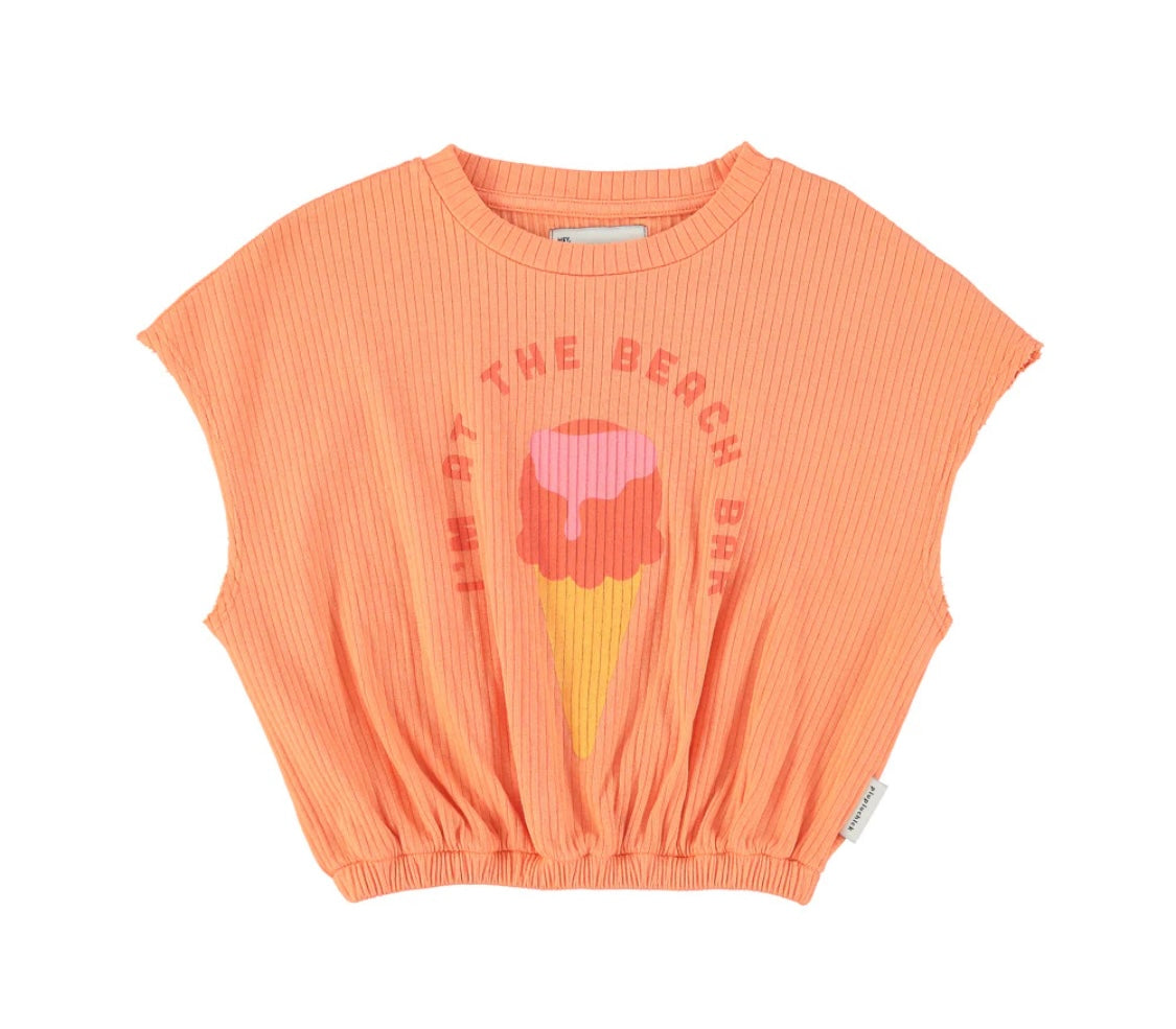 Girls Sleeveless Top Coral W/ IceCream Print | بلوزة