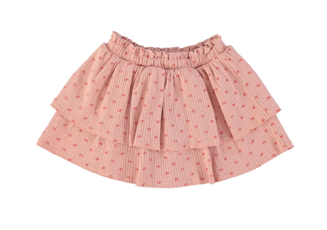 Girls Short Layered Skirt W/ Red Sunshade Allover | تنورة