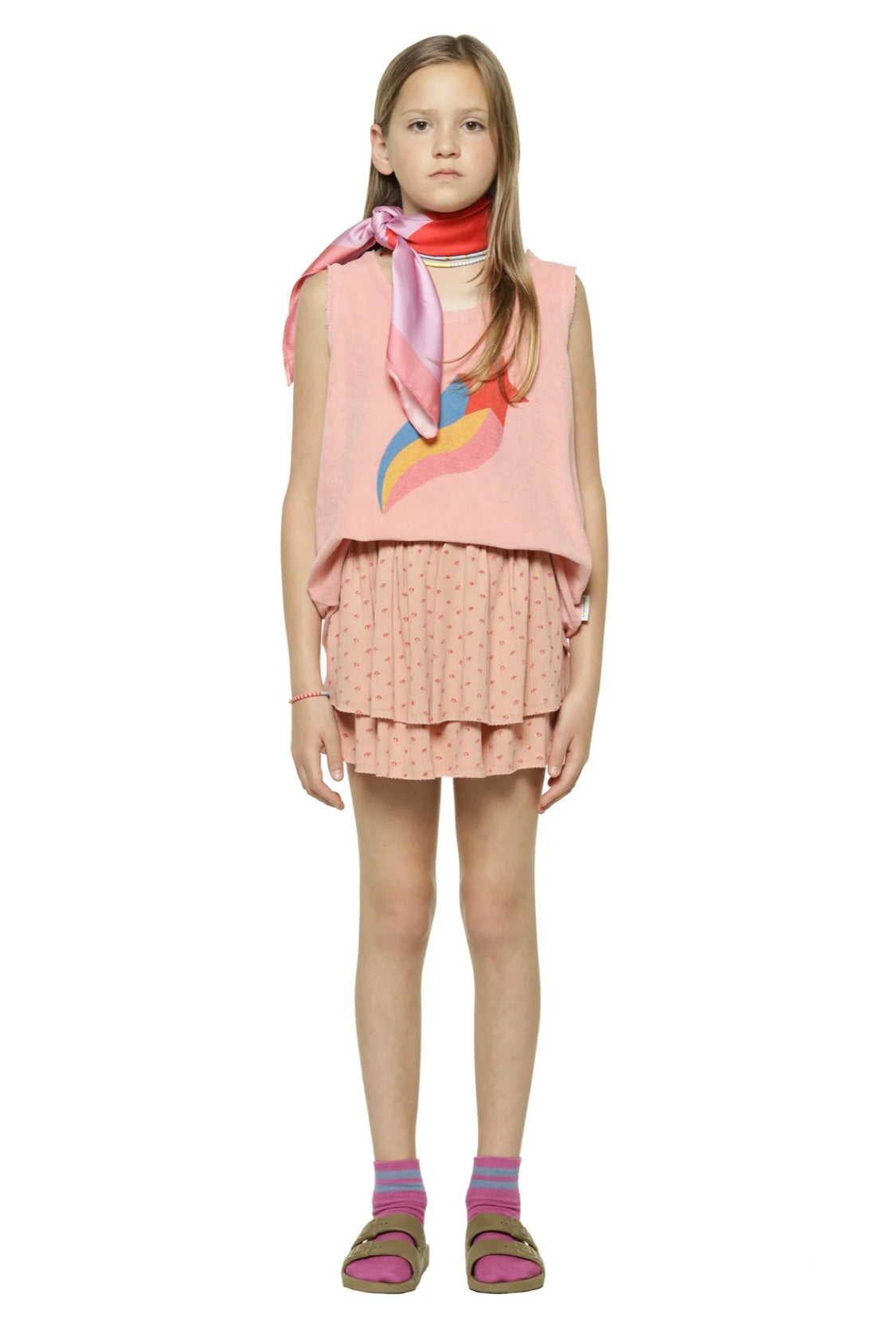 Girls Short Layered Skirt W/ Red Sunshade Allover | تنورة