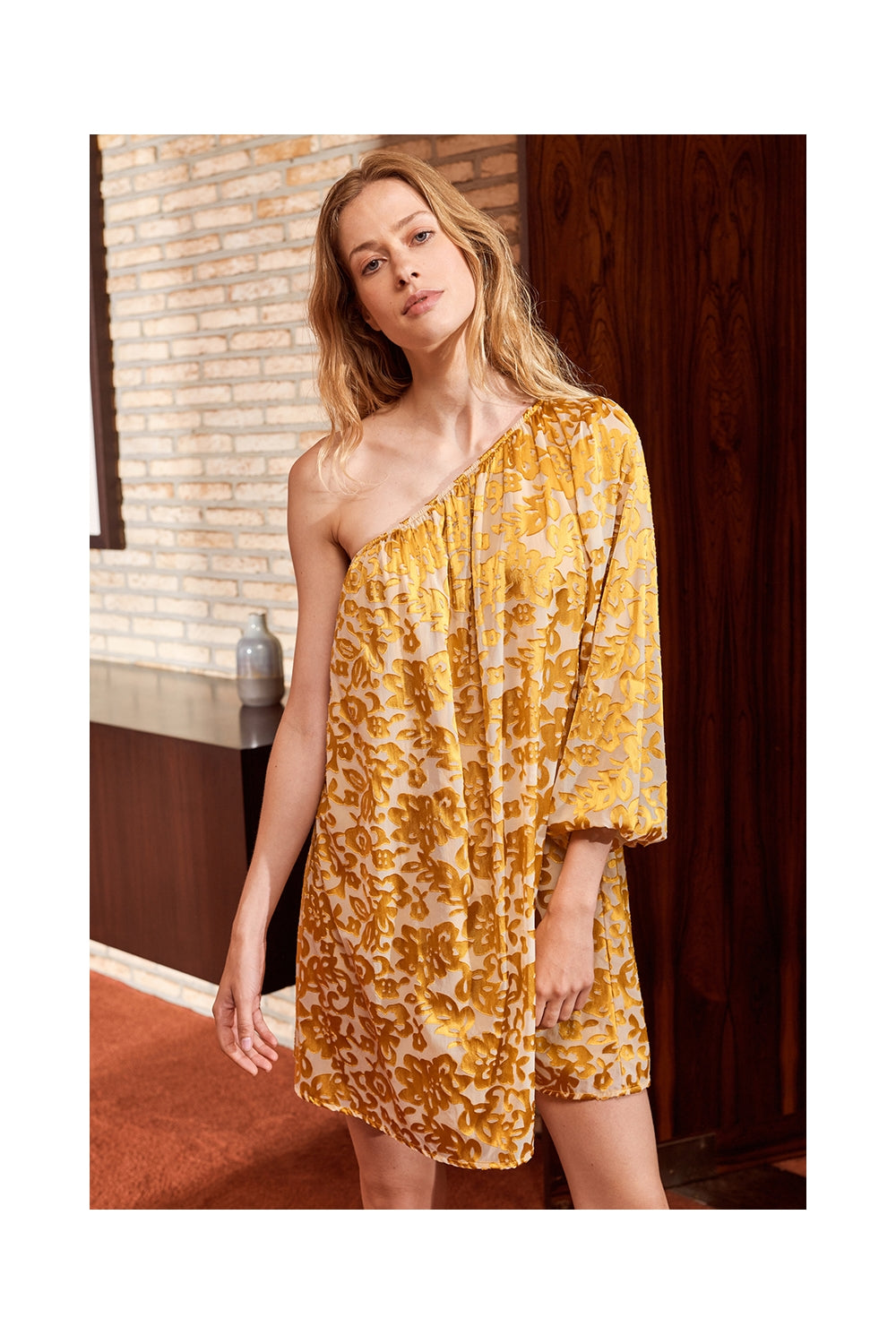 Asymetric Dress Devore Gold - Asymetric Devore Gold  فستان